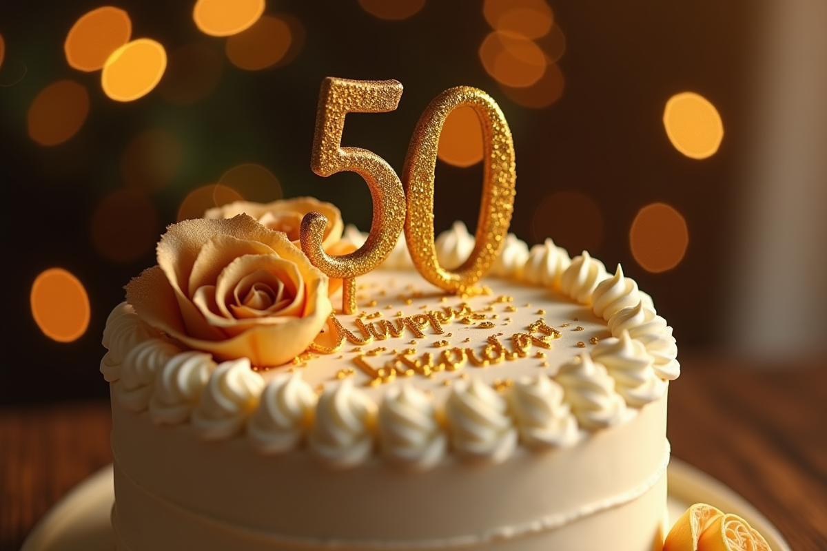 Gâteau anniversaire orné de décorations dorées et chiffre 50