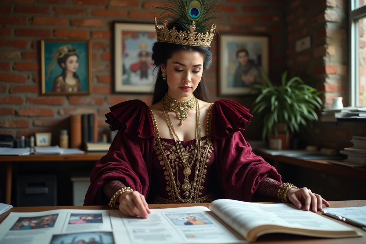 Femme en costume de reine inspiré d'Héra consultant des storyboards manga et des scripts de séries dans un studio créatif
