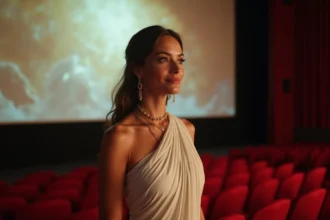 Femme habillée en Héra grecque devant un écran de cinéma avec motifs mythologiques, représentation moderne de la déesse au cinéma