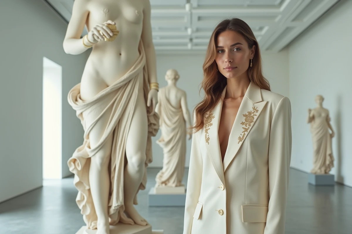 Femme en veste ivoire brodée d'or posant à côté d'une sculpture classique d'Héra dans un musée contemporain, contraste entre modernité et mythologie