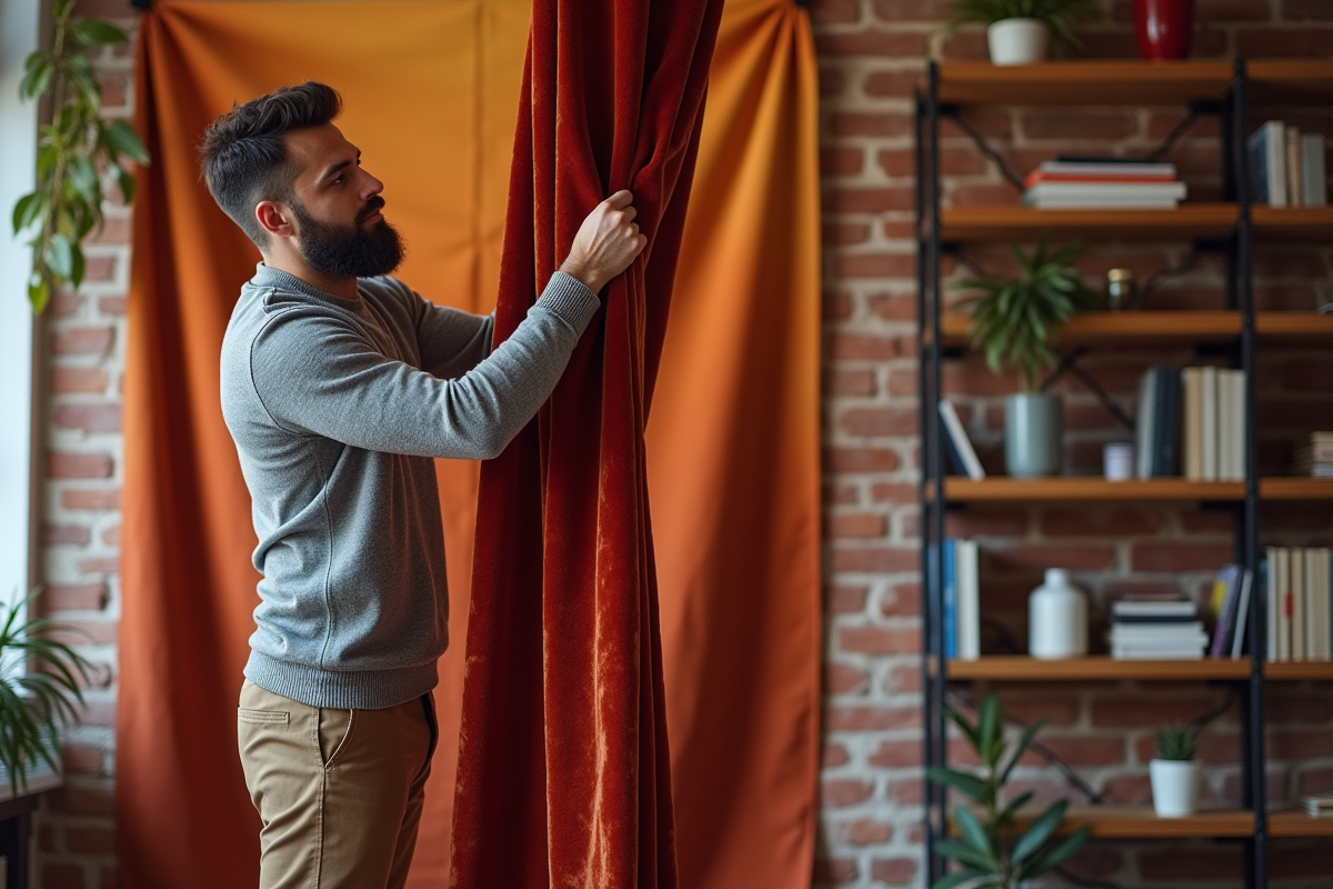 Homme barbu fixant une tapisserie en velours sur un mur de briques dans un espace créatif