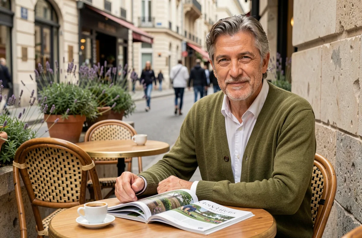 Homme élégant attablé dans un café parisien avec un magazine de jardinage, atmosphère médiatique et lifestyle français