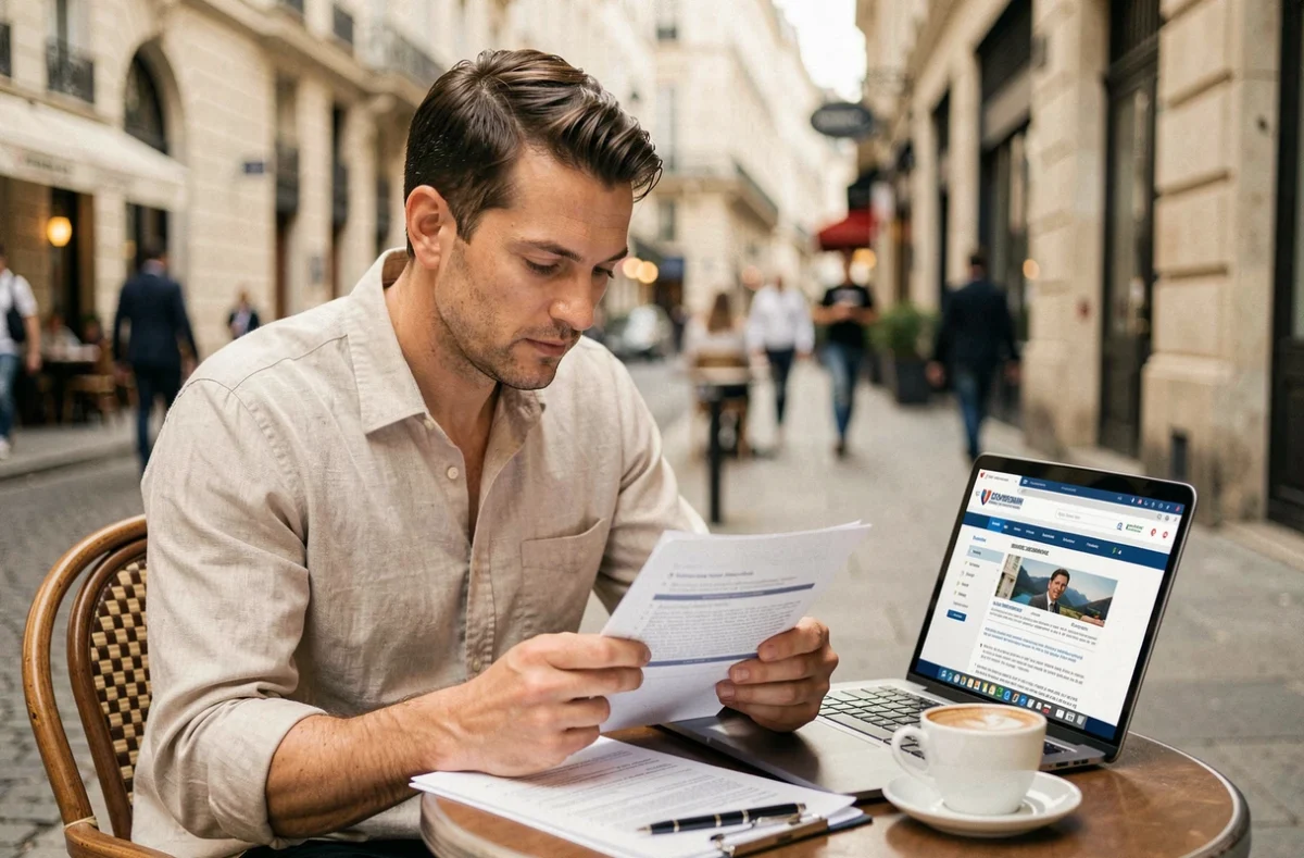 Homme consultant une liste de documents requis pour un mariage à l'étranger depuis un café