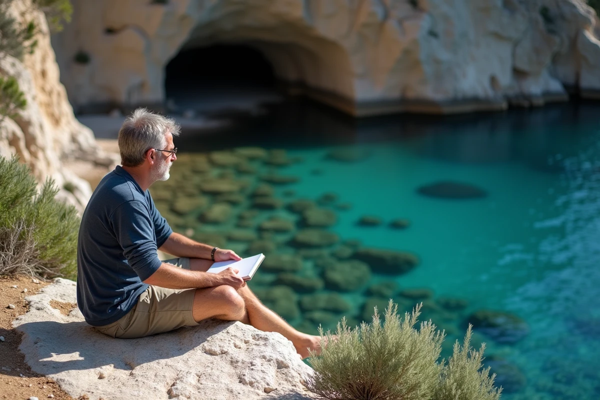 Homme assis sur un rocher granitique au bord d'une crique isolée en Corse contemplant la mer turquoise