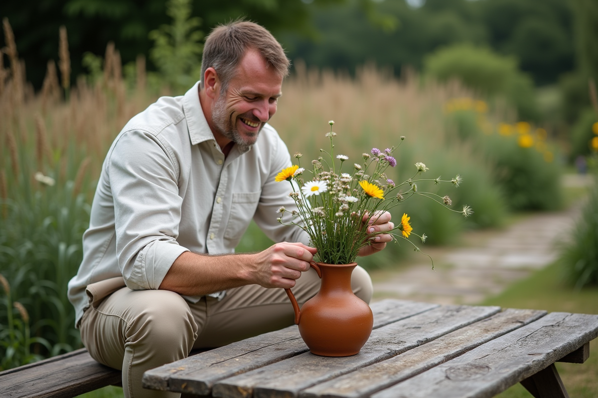 Homme arrangeant des fleurs dans un jardin rustique