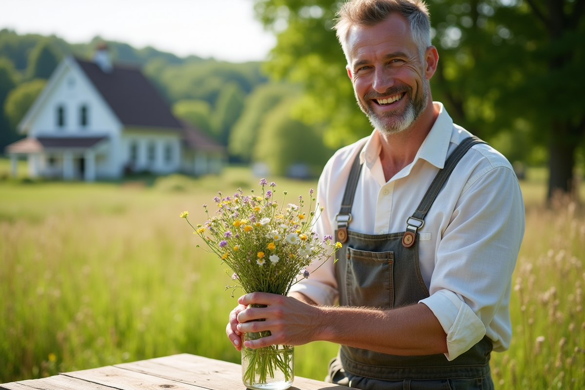 Homme arrangeant des fleurs sauvages dans un jarre en plein air