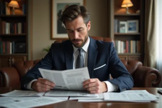 Homme en costume navy lisant des articles de presse dans un bureau