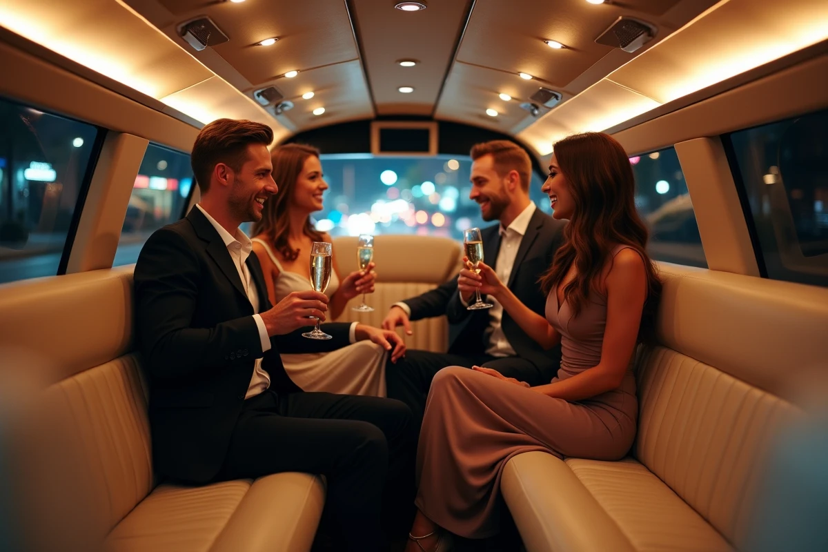 Intérieur luxueux d'une limousine avec des passagers portant un toast au champagne lors d'une soirée