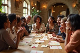 Groupe de convives d'un mariage mixte réunis autour d'une table de jeu des douze mois avec des cartes culturelles variées lors de la réception