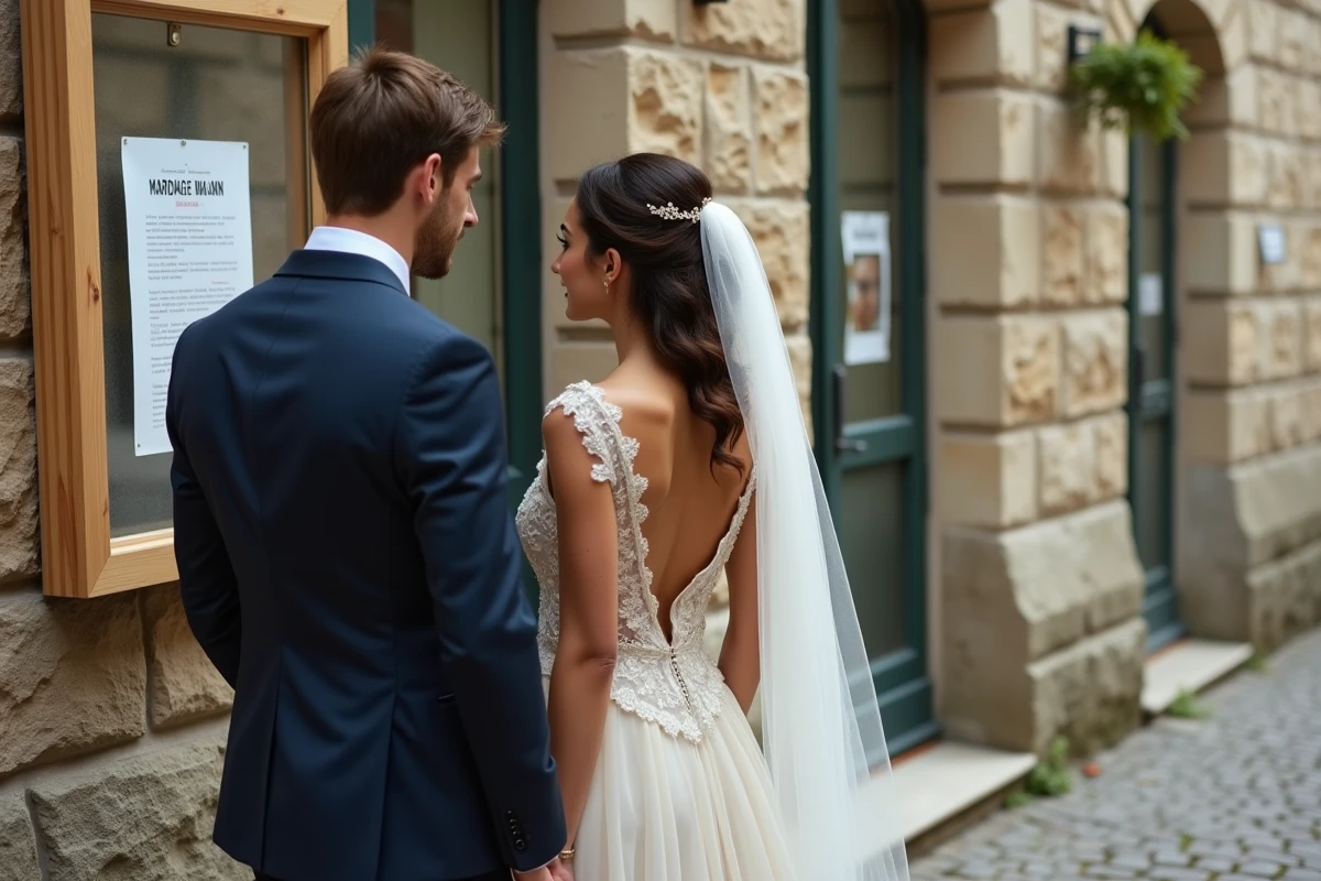 Jeune couple lit une affiche de mariage devant un bâtiment ancien