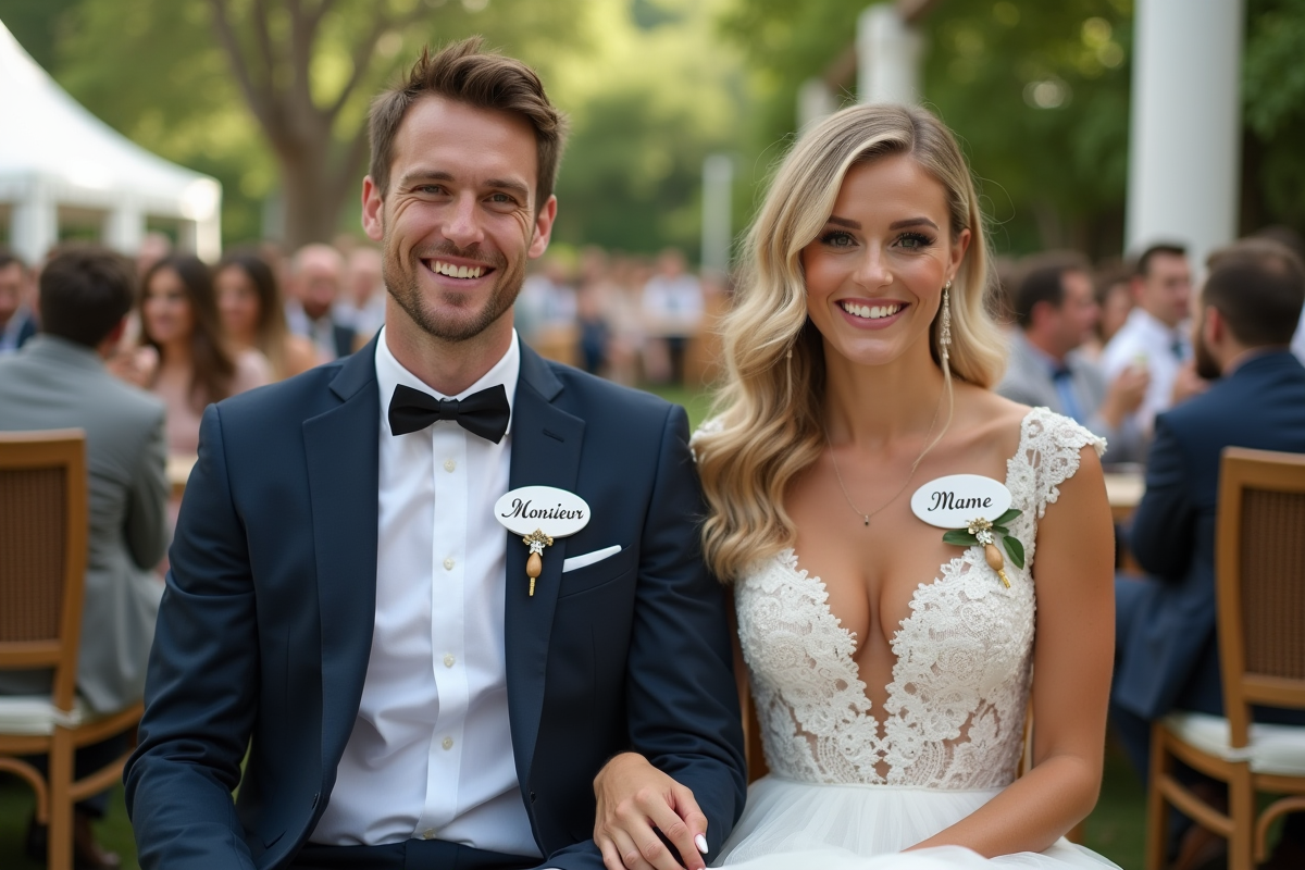 Jeune couple marié souriant avec badges dans un jardin