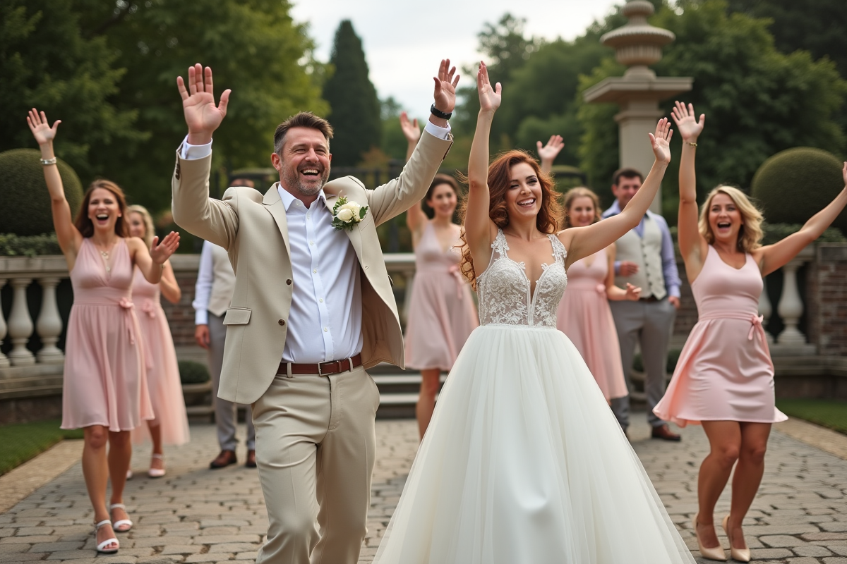 Jeune couple de mariés menant un flashmob sur terrasse pavée