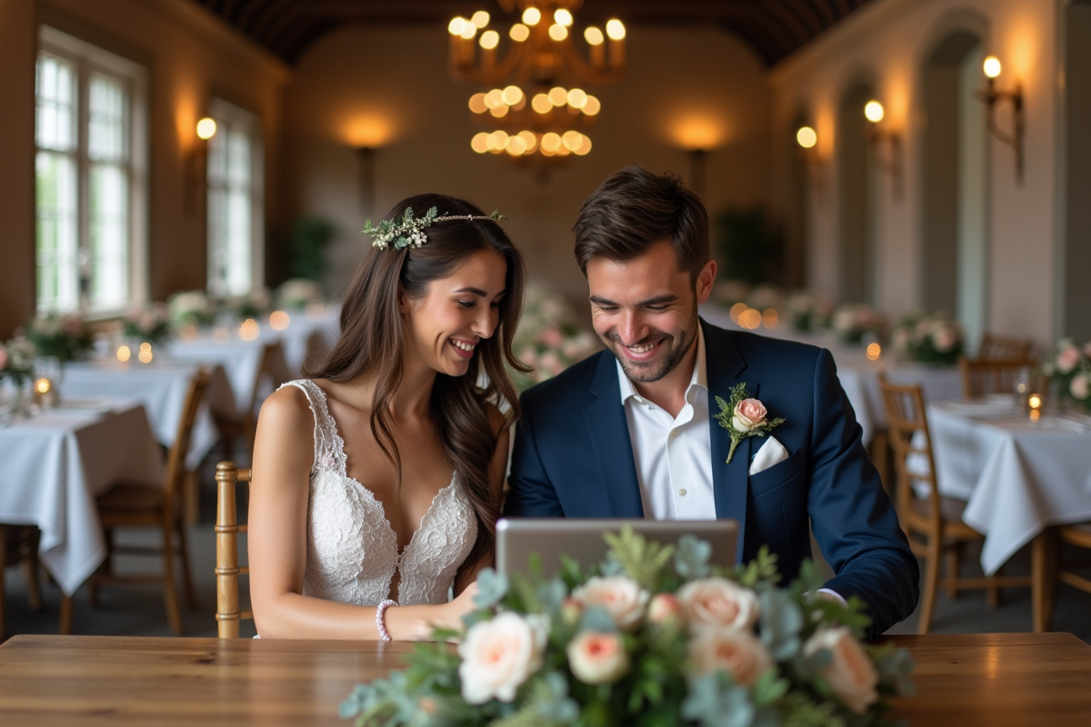 Jeune couple de mariés souriants compilant une playlist sur une tablette