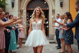 Femme souriante en robe de mariage sur les marches