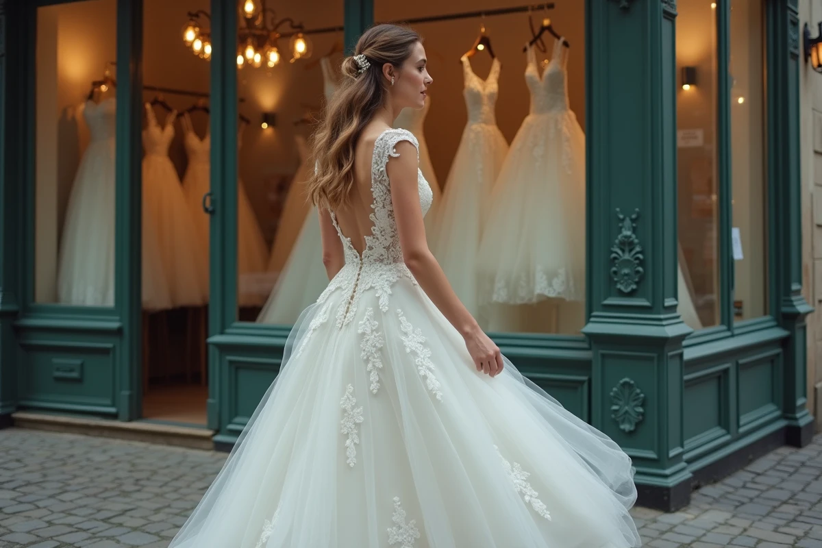 Jeune femme en robe de mariage moderne à Paris
