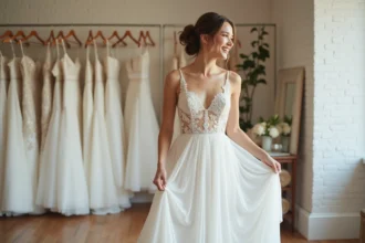 Jeune femme en robe de mariée admire son reflet dans un miroir
