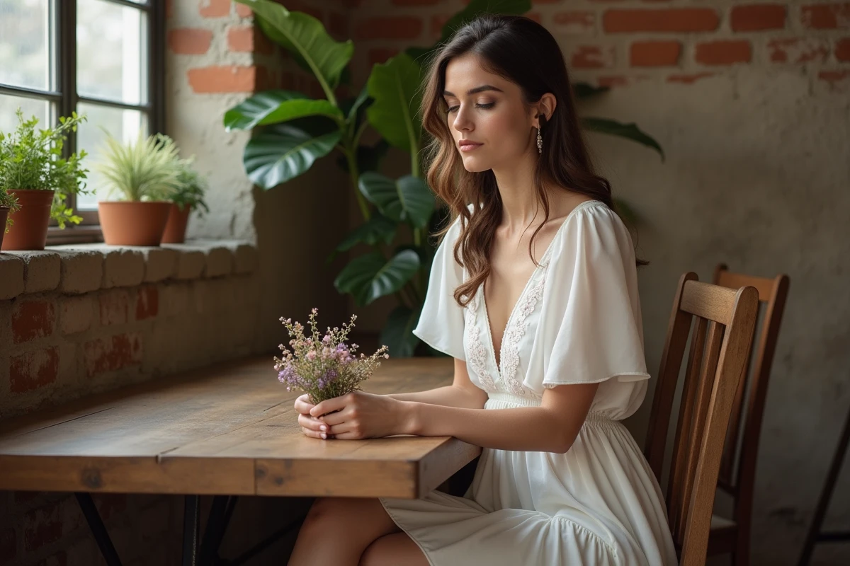 Jeune mariée assise dans un intérieur avec fleurs et décoration