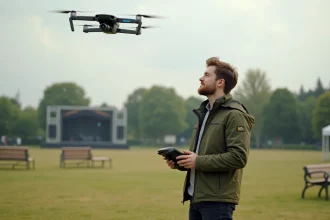 Jeune homme avec contrôleur de drone en plein air