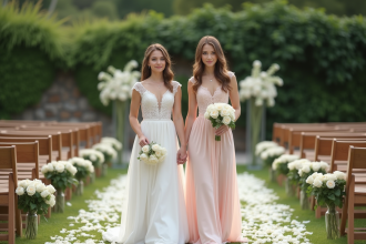 Jeune mariée et demoiselle d'honneur disposant des pétales de roses