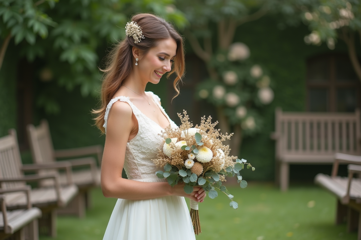 Jeune mariée souriante avec bouquet de fleurs séchées en extérieur