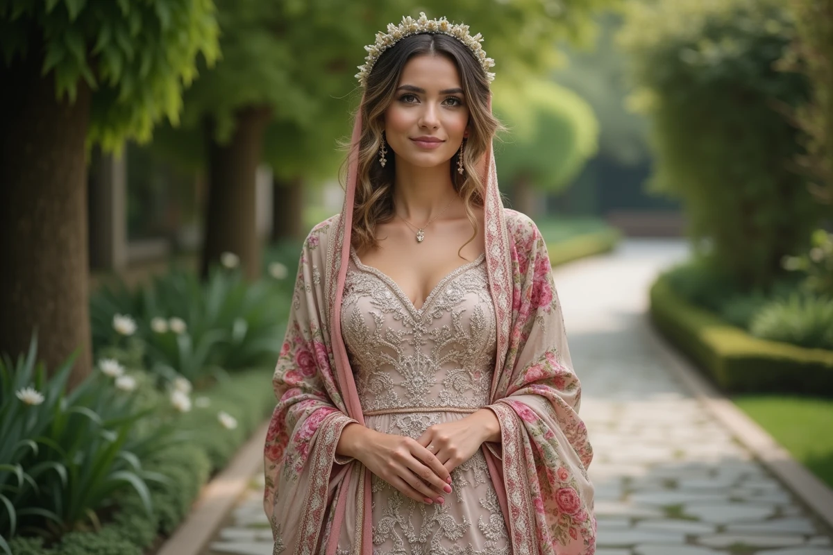 Jeune mariée en robe florale dans un jardin