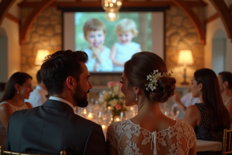Jeune couple de mariés souriants regardant un diaporama lors de la réception