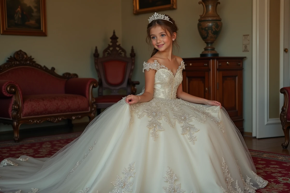 Fille romani ajustant sa robe de mariée dans un intérieur chaleureux