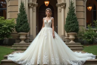 Jeune femme romani en robe de mariée princesse devant un bâtiment historique