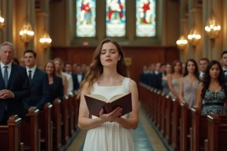 Jeune soliste chantant dans une église avec vitraux et invités