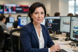 Journaliste professionnelle assise à un bureau de rédaction dans un environnement de newsroom moderne