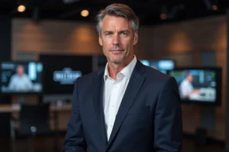 Journaliste médiatique en blazer marine dans un studio de télévision moderne, portrait éditorial professionnel