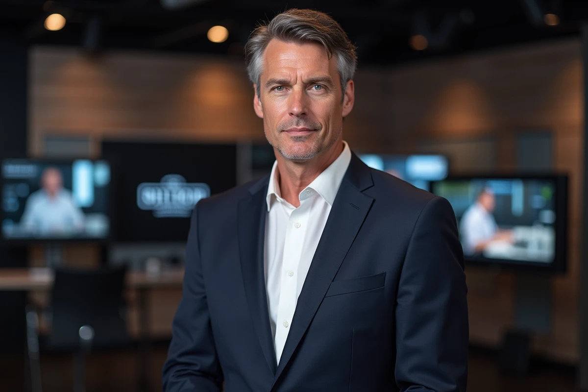 Journaliste médiatique en blazer marine dans un studio de télévision moderne, portrait éditorial professionnel