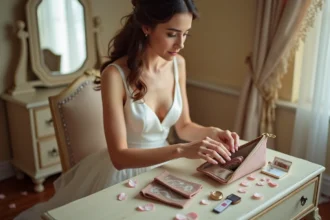 Mariée arrangeant son kit de survie mariage avec accessoires essentiels sur une coiffeuse en bois vintage