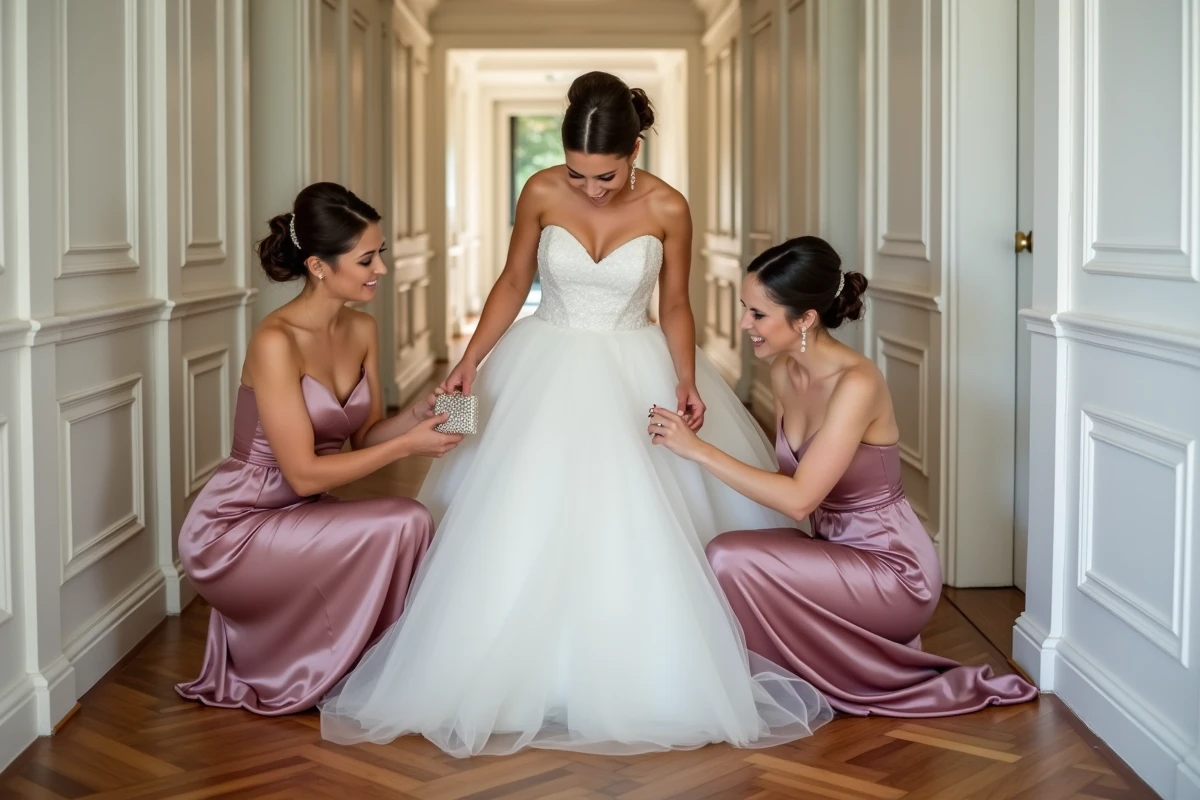 Demoiselles d'honneur aidant la mariée avec son kit de survie dans un couloir élégant le jour du mariage