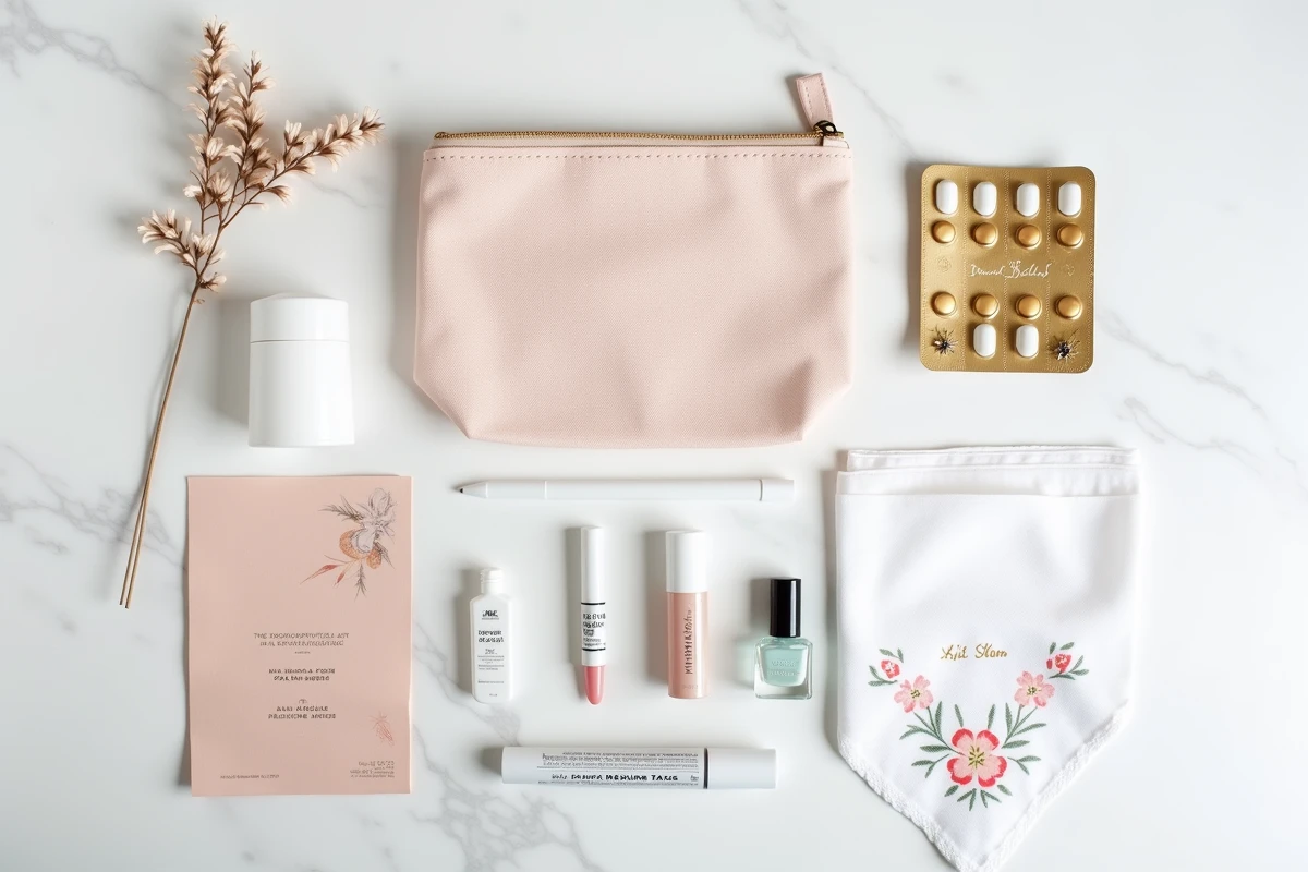 Vue de dessus d'un kit de survie mariage pas cher avec accessoires essentiels disposés sur marbre blanc