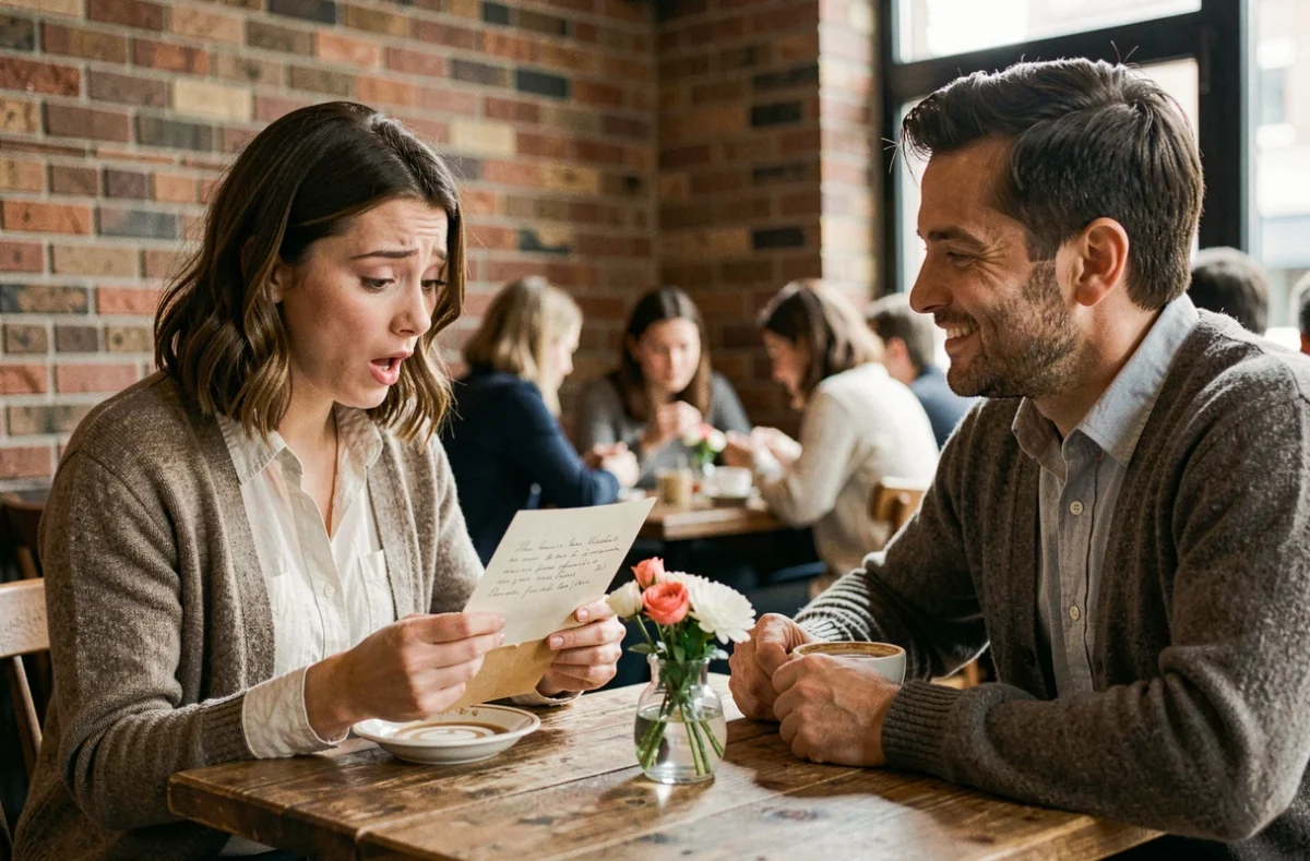 Une femme découvrant avec émotion une lettre personnalisée lui annonçant qu'elle est choisie comme témoin de mariage dans un café