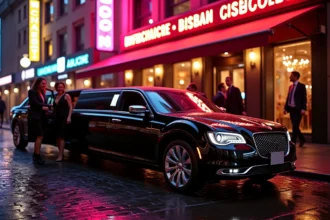 Groupe d'amis sortant d'une limousine noire devant l'entrée d'une boîte de nuit en ville