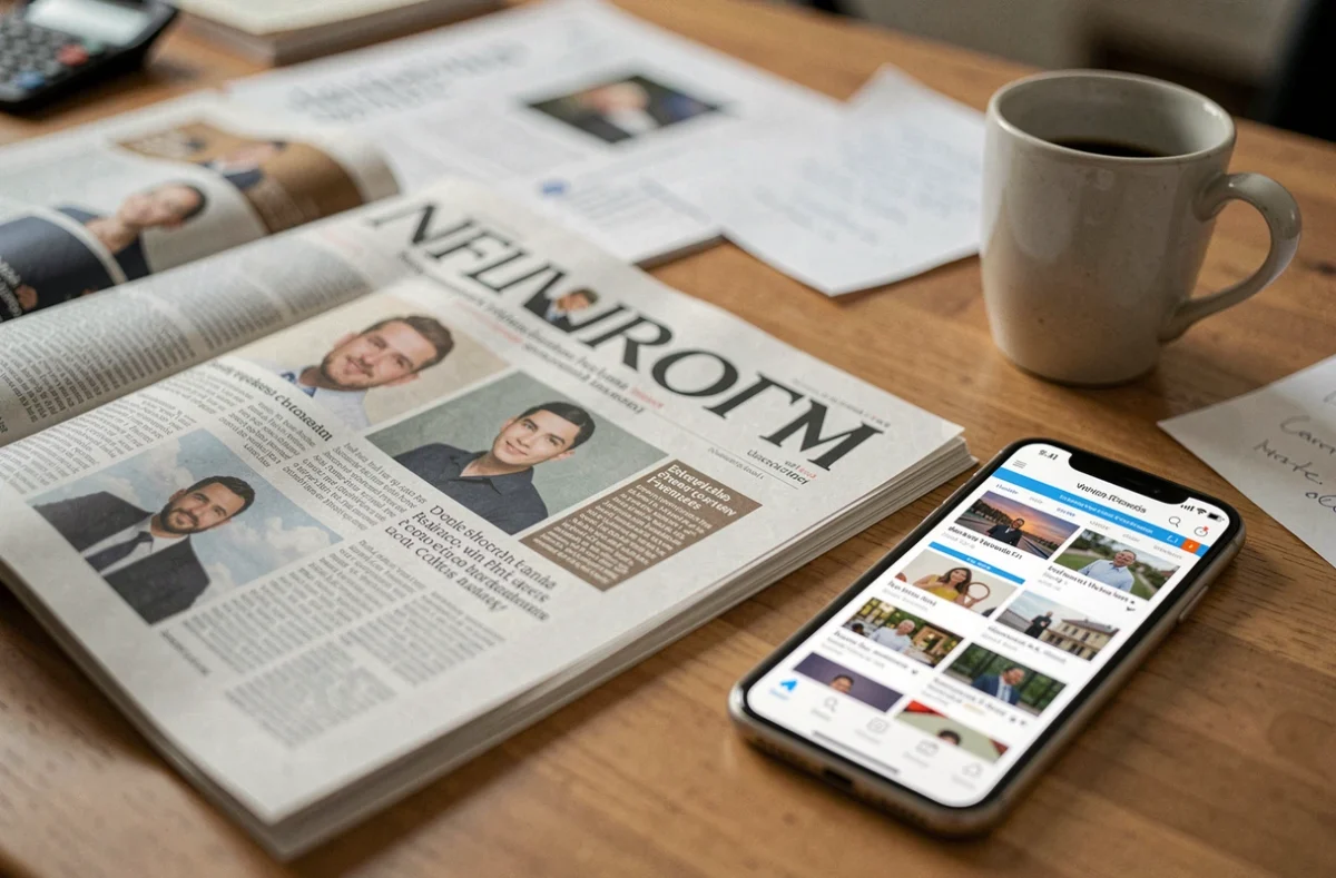 Magazine d'actualité ouvert sur un bureau en bois avec smartphone affichant un site d'information et notes manuscrites