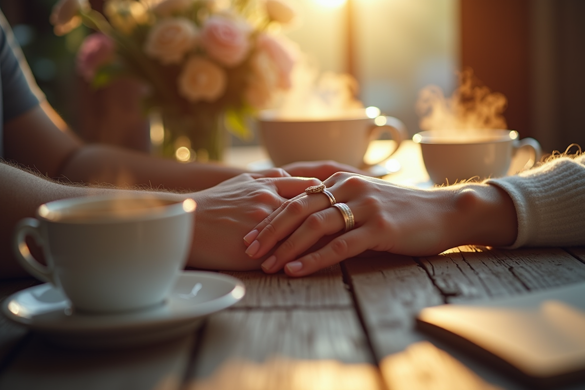 Mains avec alliances sur une table en bois avec café et fleurs