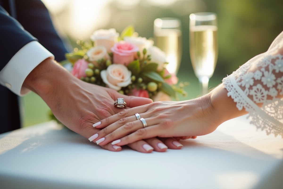 Mains entrelacees avec bagues et fleurs pour anniversaire mariage