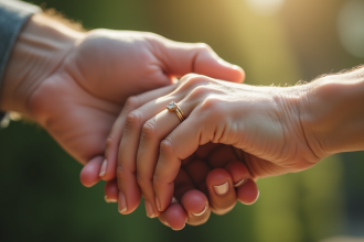 Mains de personnes âgées avec alliance en or en lumière naturelle