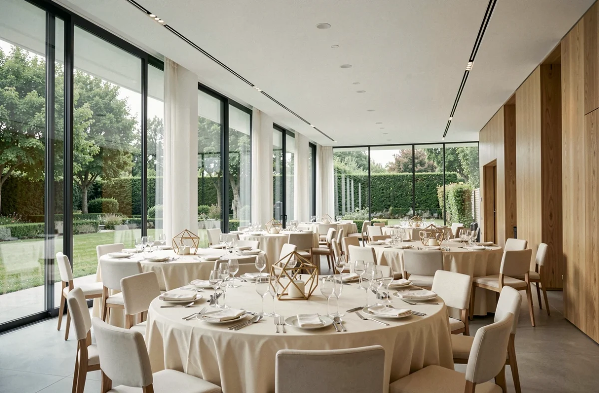 Salle de réception contemporaine de La Maison Carrée avec vue sur jardin