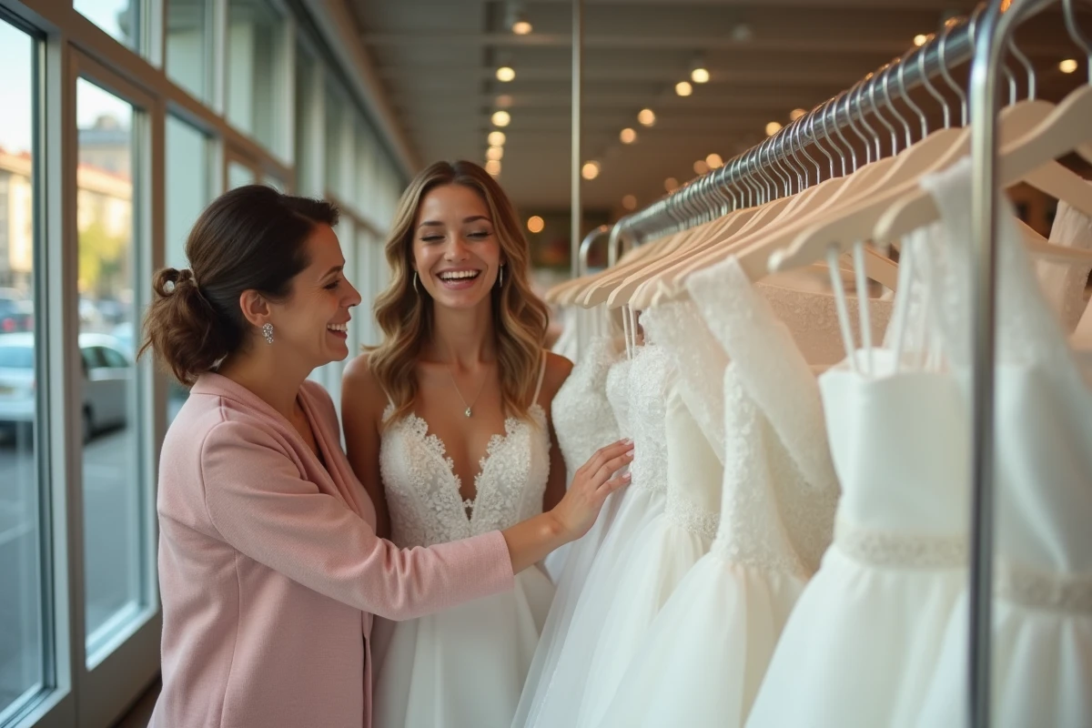 Fille et mère souriantes choisissant une robe de mariage dans la boutique