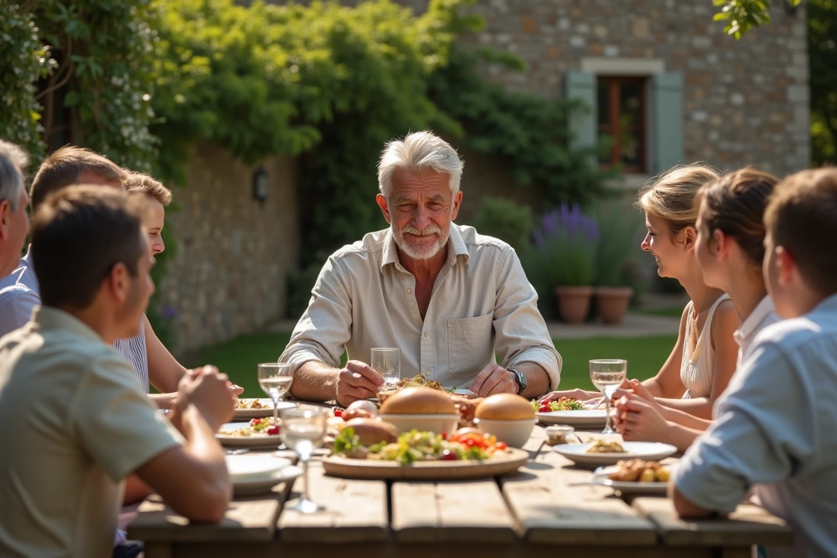 Réunion de famille autour d'un repas en jardin provençal, évoquant les valeurs familiales et la vie privée de Marc Toesca