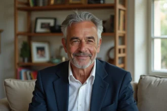 Marc Toesca souriant dans son appartement parisien, évoquant confidences sur sa vie de couple et sa famille