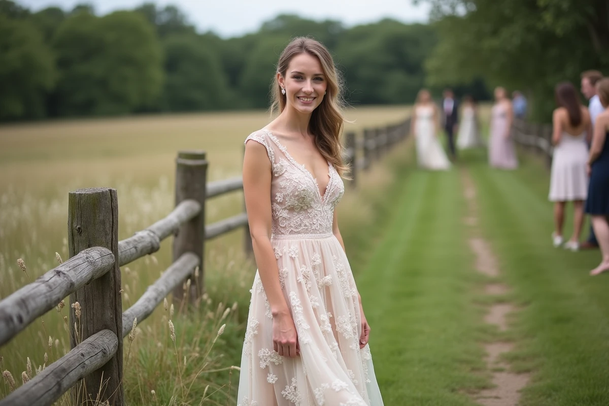 Femme en robe florale pastel lors d’un mariage champêtre