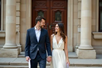 Couple binational tenant des documents officiels devant la mairie albanaise lors de leur mariage civil à Tirana