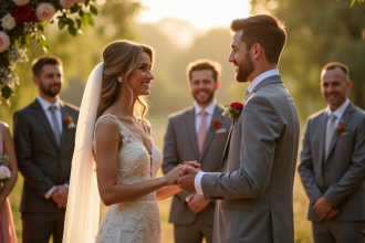 Couple heureux échangeant des alliances lors d'une cérémonie en plein air