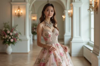 Femme en robe de mariage florale élégante en intérieur