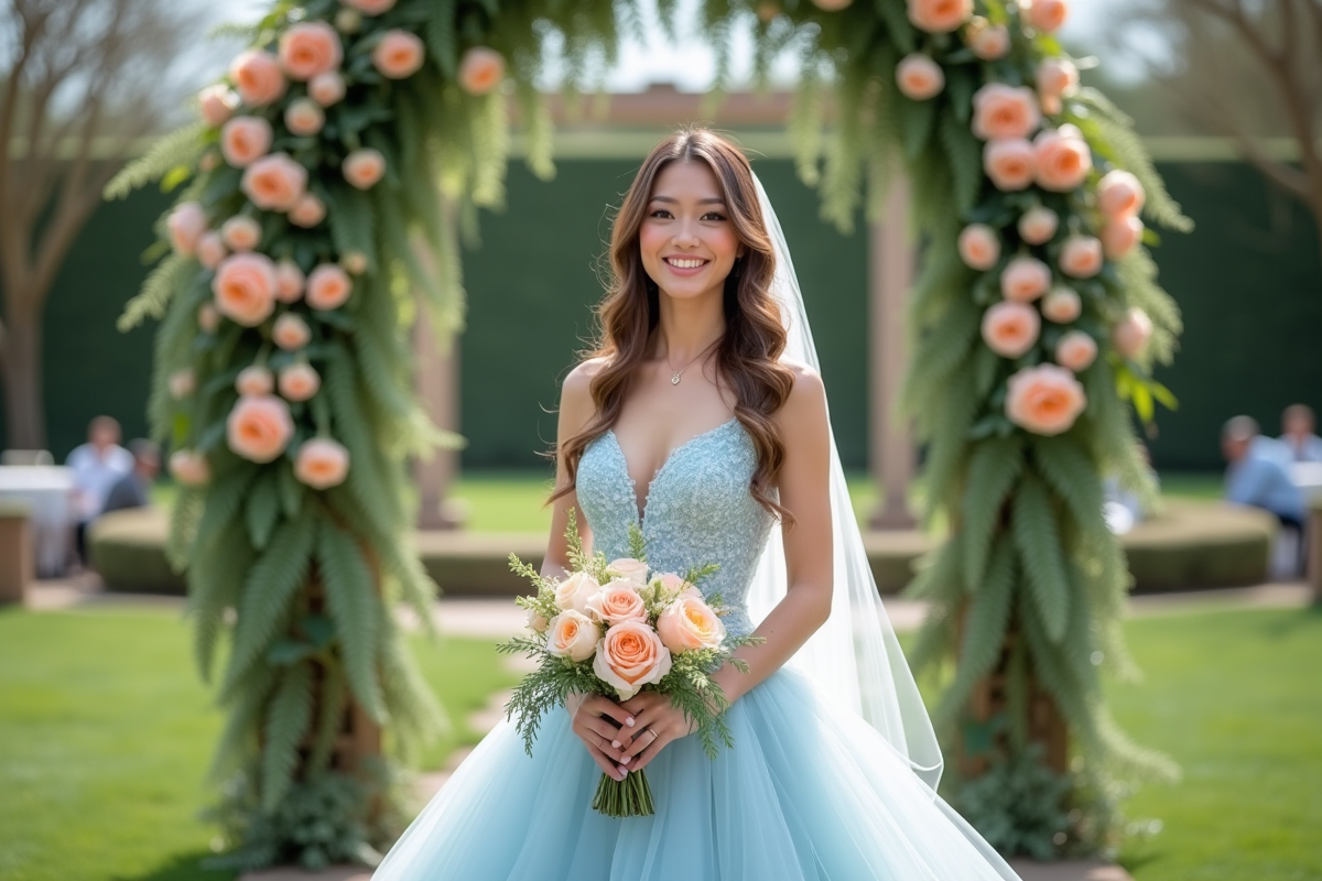 Jeune mariée en robe pastel bleue avec bouquet de fleurs